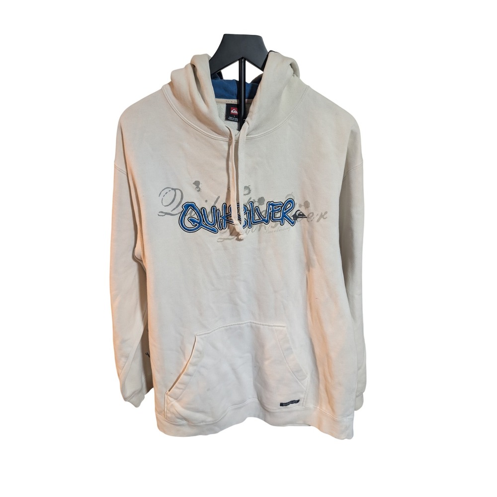 Y2K Quiksilver Mens Hoodie Sweatshirt Off White Blue Logo Graphic Large 0588